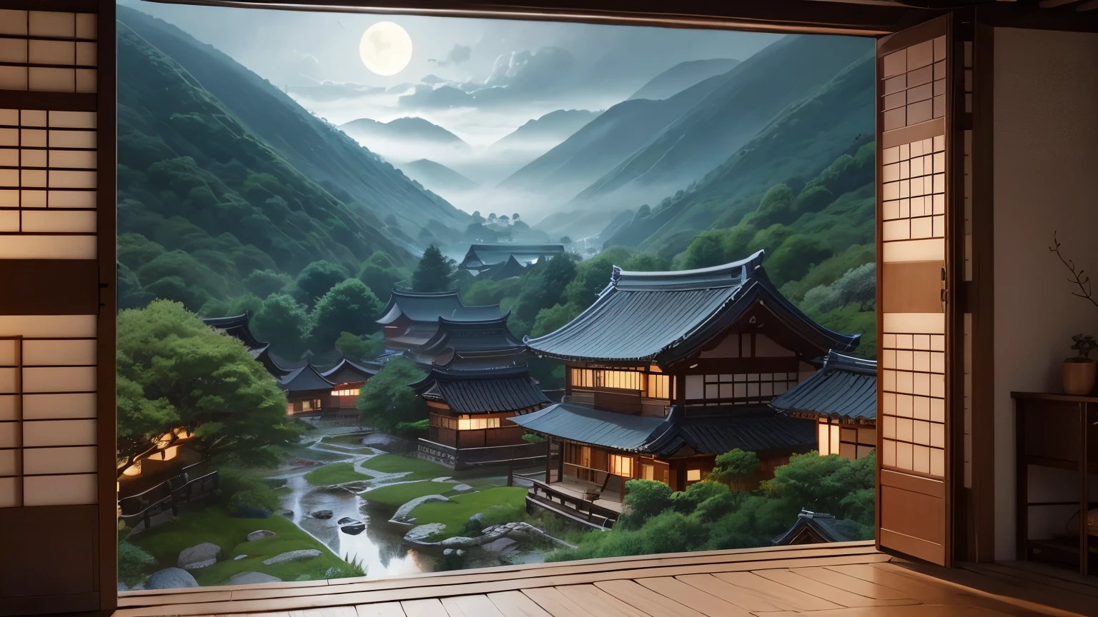 Nature in Korea, Small valley, Traditional Hanok, rainy night, Moonlight through the clouds
