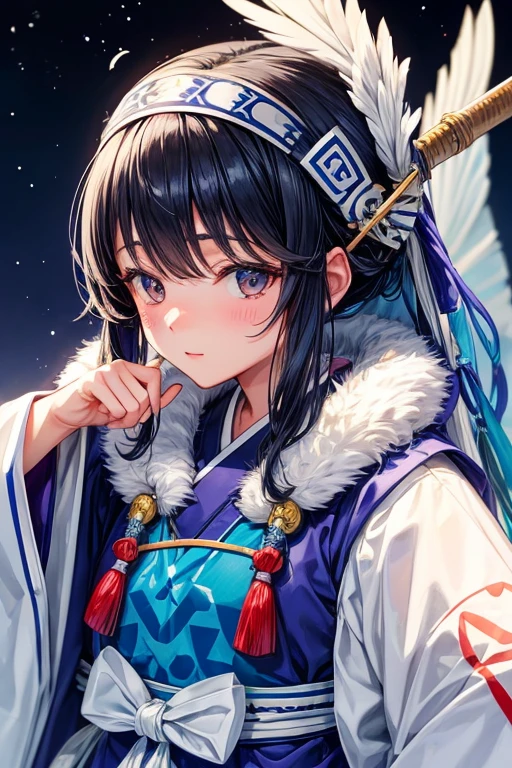 queen of the ainu、cute、Ainu pattern clothes、white and blue clothes、Ainu pattern、has a spear、Ainu art、Clean your eyes、Fingers correctly、night scenery、bird falcon、eyes are long、Don't make the area around your eyes red。