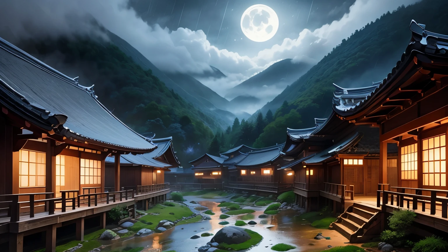 Nature in Korea, Small valley, Traditional Hanok, rainy night, Moonlight through the clouds