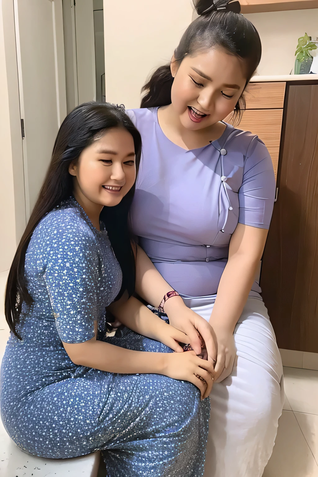 create the image funny view of two chubby girls getting on gossip in front of toilet, wearing casual myanmar dress, one of them fart and the dog sitting near the girl is barking at the fart girl. 8k, realistics