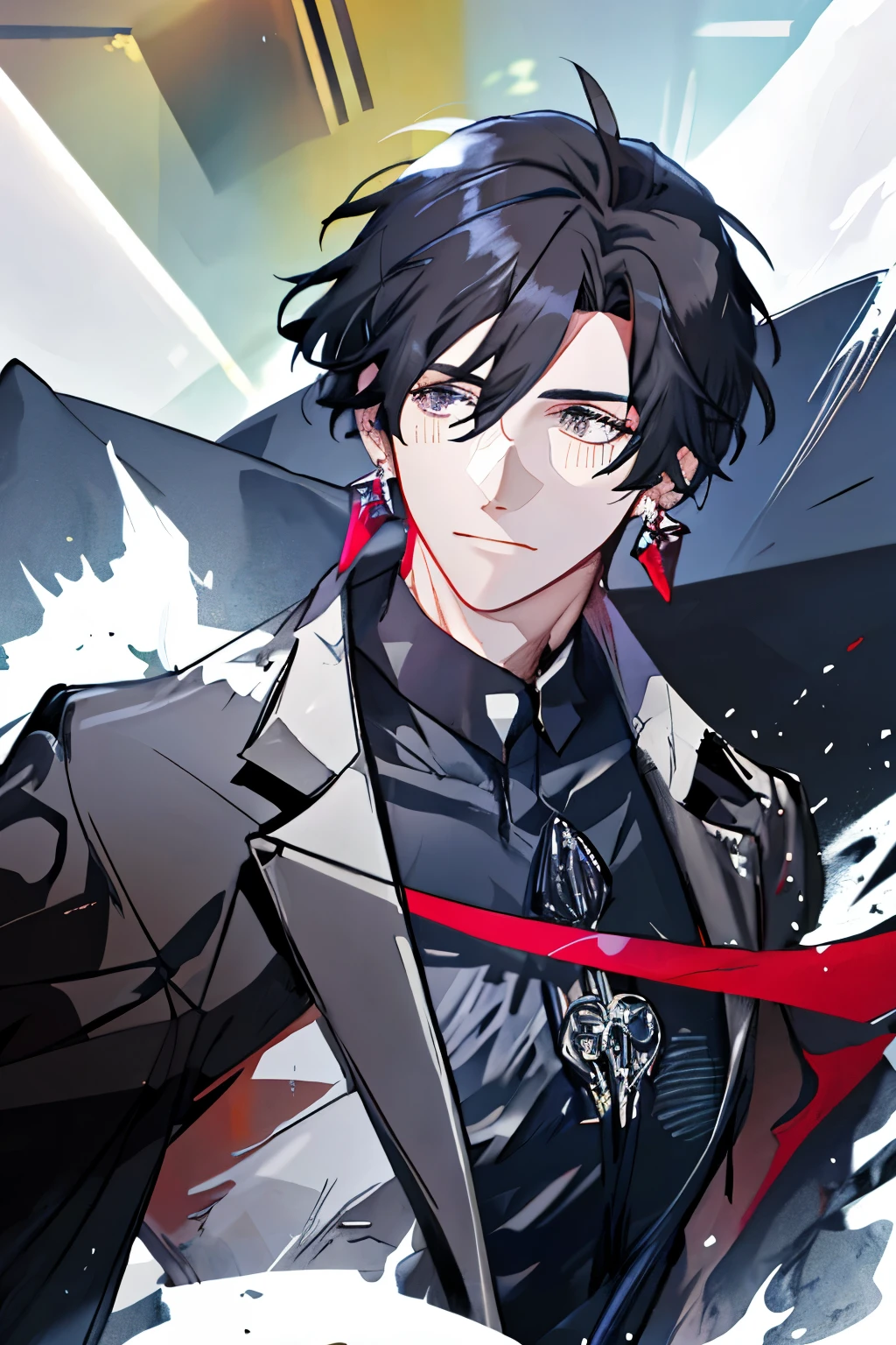 black suit、black jacket、short black hair、cool look、red earrings、black tie、white shirt、short black hair、tan eyes、brown eyes、Hair in the wind、red vest、neutral face、1 male、30 generation men、dark background、medieval building、sunlight、narrowed eyes、Ruins covered in ivy、Mossy ruins、Ruins covered in greenery、Stunted plants、Face、Melancholy face、