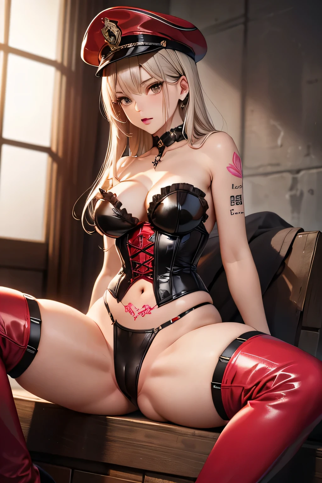 highest quality,shiny skin,1 female in her 40s,beautiful japanese woman,villain,(whole body), ((pink tattoo below navel)),silver blonde,(Queen),brown eyes,(big and full breasts),very big ass,(Chubby body type),(thighs thighs),((red and black high thigh boots )),(((Navel exposure))),(small red and black military hat),((Red and black corset)),sitting,spread your legs,(Condescending eyes),from the front,(prison),night