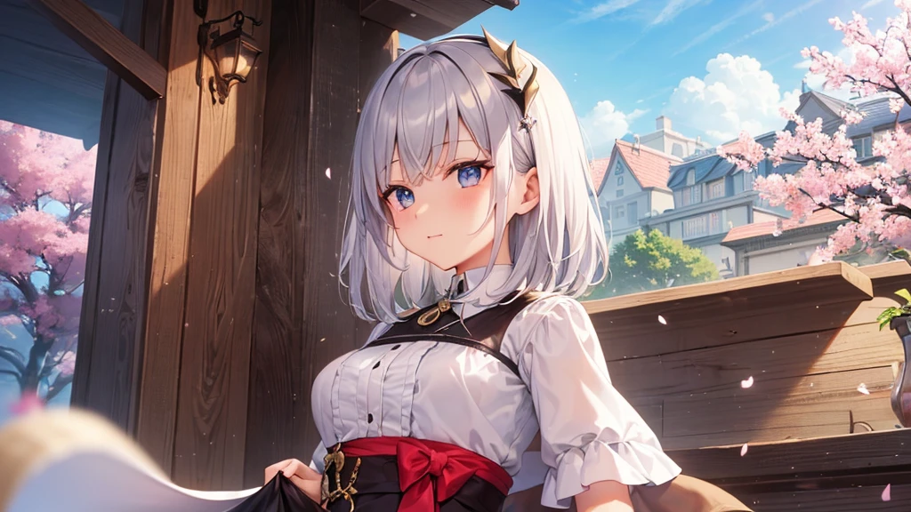 super high quality, with a girl, 20-year-old, very short hair, long bangs between the eyes, gray eyes , blue sky, sunlight, very detailed,(masterpiece、highest quality)、alone、gray hair、laughter、fantasy, silver hair, black eye, beautiful eyes,, ecstasy, charm, be smitten with audience, fantasyな風景、Princess、white clothes、wizard&#39;s hat、Cherry blossoms fall