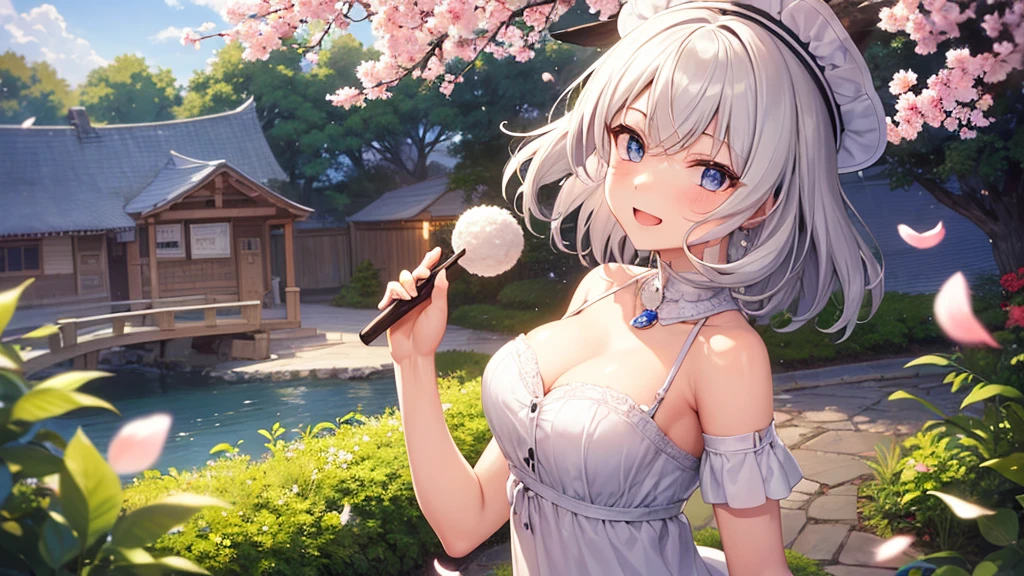super high quality, with a girl, 20-year-old, very short hair, long bangs between the eyes, gray eyes , blue sky, sunlight, very detailed,(masterpiece、highest quality)、alone、gray hair、laughter、fantasy, silver hair, black eye, beautiful eyes,, ecstasy, charm, be smitten with audience, fantasyな風景、Princess、white clothes、wizard's hat、Cherry blossoms fall