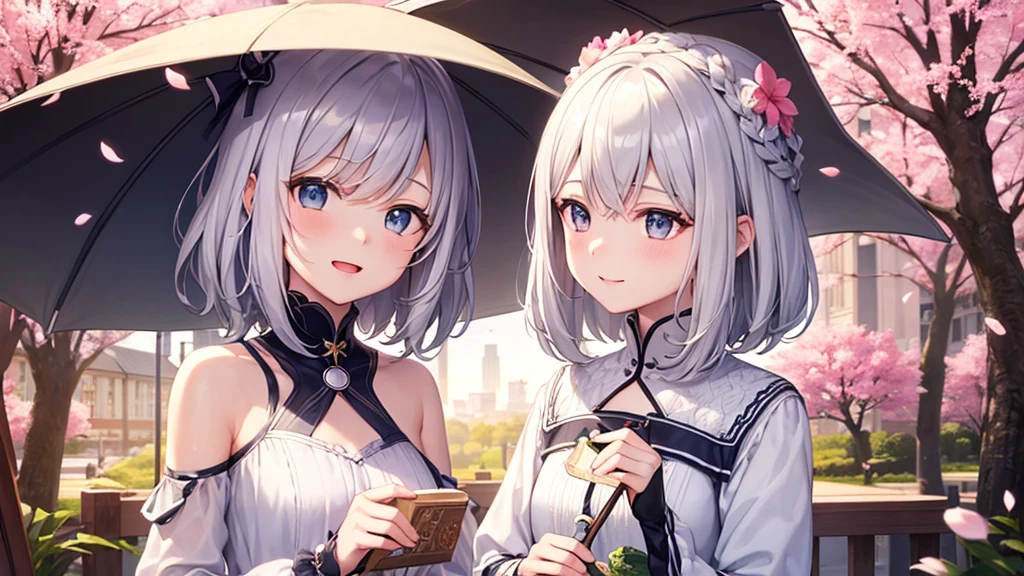 super high quality, with a girl, 20-year-old, very short hair, long bangs between the eyes, gray eyes , blue sky, sunlight, very detailed,(masterpiece、highest quality)、alone、gray hair、laughter、fantasy, silver hair, black eye, beautiful eyes,, ???????, charm, be smitten with audience, fantasyな風景、Princess、white clothes、hat、Cherry blossoms fall