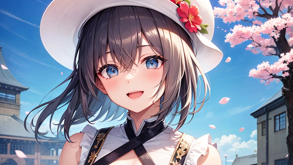 super high quality, with a girl, 20-year-old, very short hair, long bangs between the eyes, gray eyes , blue sky, sunlight, very detailed,(masterpiece、highest quality)、alone、gray hair、laughter、fantasy, silver hair, black eye, beautiful eyes,, ecstasy, charm, be smitten with audience, fantasyな風景、Princess、white clothes、hat、Cherry blossoms fall