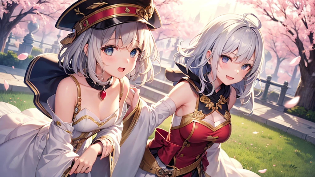 super high quality, with a girl, 20-year-old, very short hair, long bangs between the eyes, gray eyes , blue sky, sunlight, very detailed,(masterpiece、highest quality)、alone、gray hair、laughter、fantasy, silver hair, black eye, beautiful eyes,, ecstasy, charm, be smitten with audience, fantasyな風景、Princess、white clothes、hat、Cherry blossoms fall