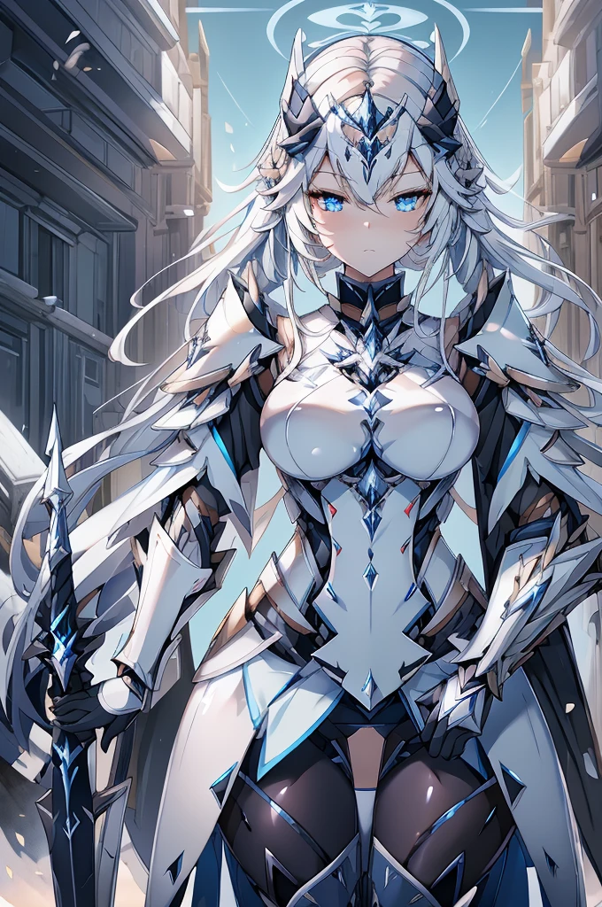 anime character with white hair and armor holding a sword, armor girl, pale black armor, gorgeous female paladin, highly detailed exquisite fanart, white haired deity, white armor, glossy white armor, of a beautiful female knight, mechanized valkyrie girl, from arknights, portrait knight female, portrait knights of zodiac girl, official character art, portrait of female paladin