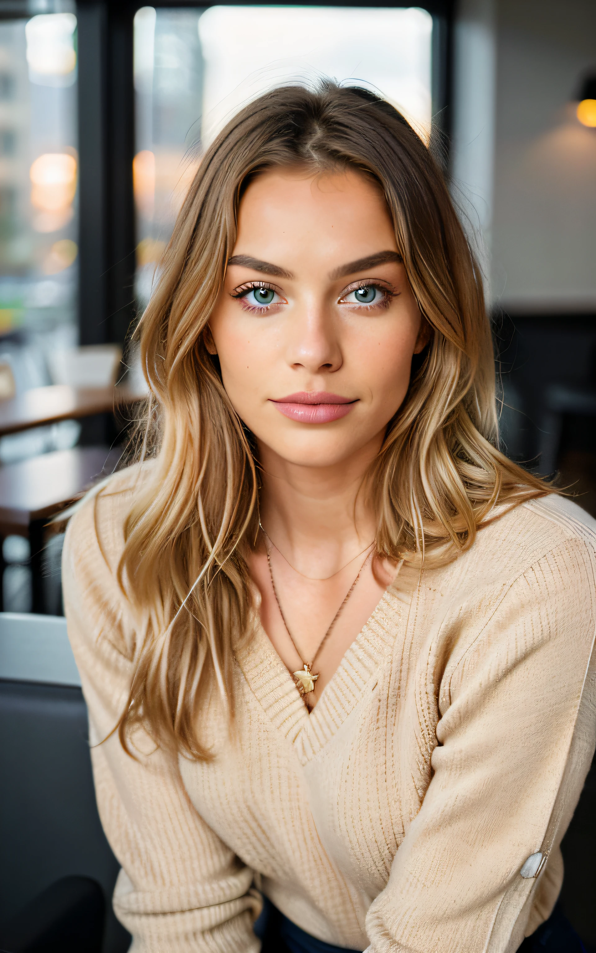 Beautiful blonde in beige sweater (Sip coffee at a trendy café at sunset), Muy detallado, 21 years, Cara inocente, cabello ondulado natural, ojos azules, high resolution, collar de oro, mesa, Mejor calidad, detalles intrincados, muy detallado, Sharp focus, piel detallada, Realista skin texture, textura, ojos detallados, profesional, 4k, sonrisa encantandora, rodada con Canon, 85mm, Poca profundidad de campo, Kodak Vision Color, cuerpo en forma perfecta, extremadamente detallado, una foto_\(ultras\), fotorrealista, Realista, Postprocesamiento, maximum detail, Aspereza, vida real, Un hiperrealista, fotorrealismo, Photography, 8k UHD, Photography