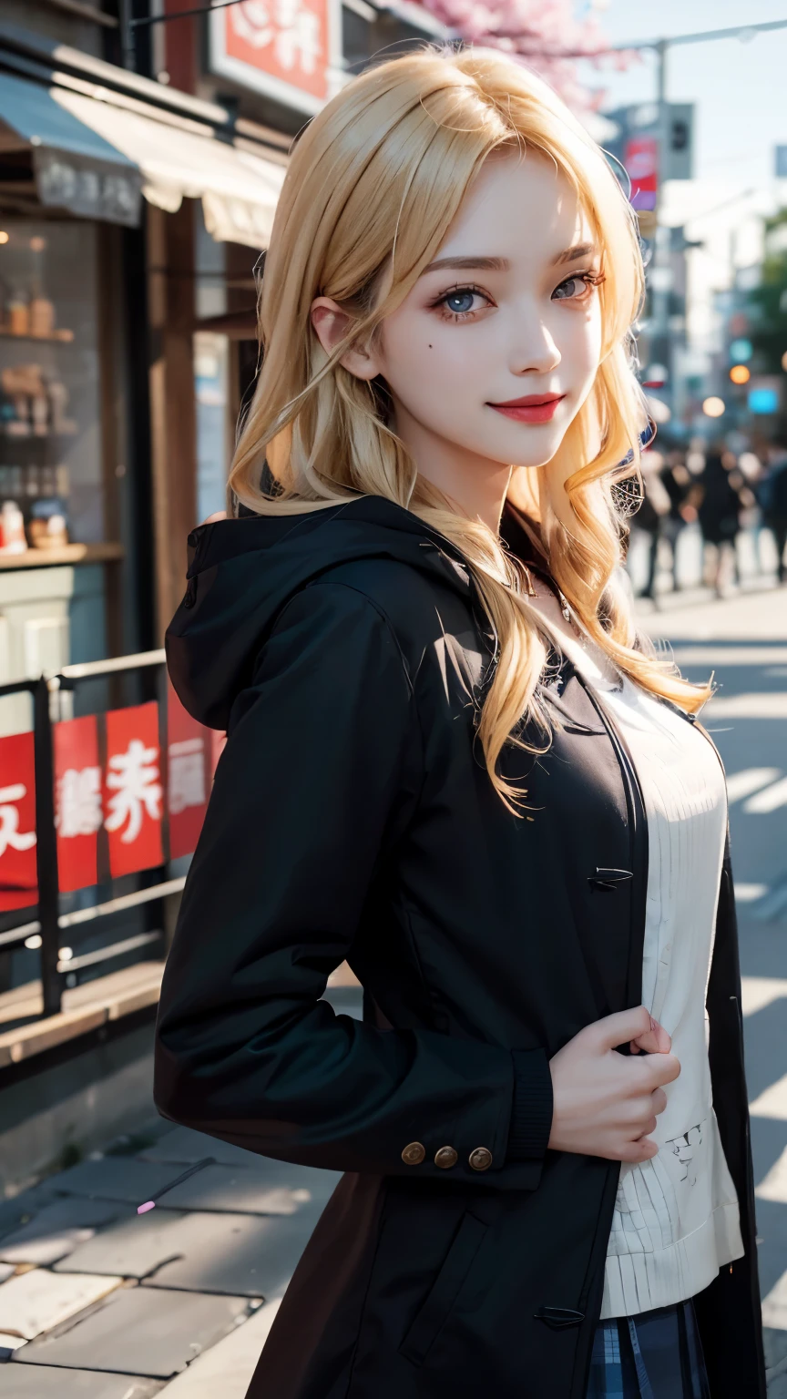1girl,coat,hood,jacket,((粗呢coat)),lips,lipstick,lattice,lattice裙,Reality,skirt,solo,stand,best quality,Photoreality,masterpiece,8k,high resolution,solo,(((woman) ))、(Medium chest)、((looking at the audience))、(looking into camera)、(long hair、blond)、(Professional lighting、blur background)、overlooking angle、The face is extremely detailed、Fashionable and trendy atmosphere、Japan,street,garden,river,Cherry blossoms,((daytime)),(portrait:0.6),诱人的Smile,gorgeous,flowing hair,(light particles,lens flare,发light particles:0.6),(dynamic poses:1.2),Soft lighting,blonde,whole body,Narrow face,Smile,There are obvious moles under the eyes,blue eyes