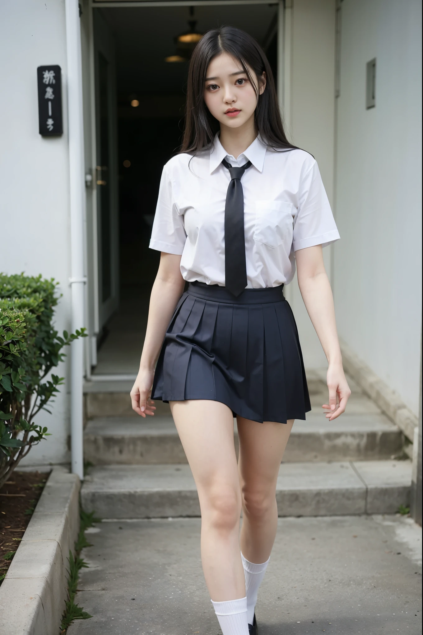 arafed asian woman in a skirt and tie walking down the street, wearing japanese school uniform, dressed with long fluent clothes, japanese girl school uniform, a hyperrealistic , japanese school uniform, hyperrealistic , with long hair, of a  posing, wearing school uniform, realistic young gravure idol, sakimichan hdri