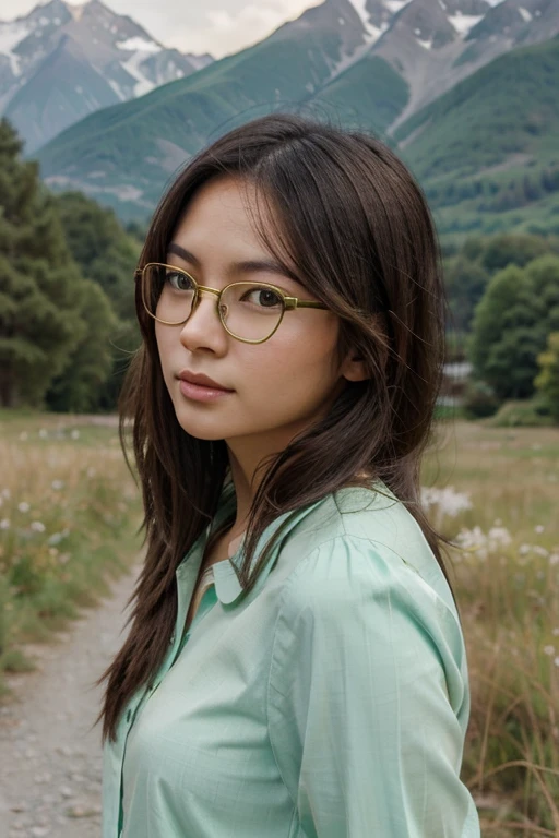 pretty Asian woman, brunette, green eyes, mid-length hair, small glasses, pastel green blouse, mountainous background