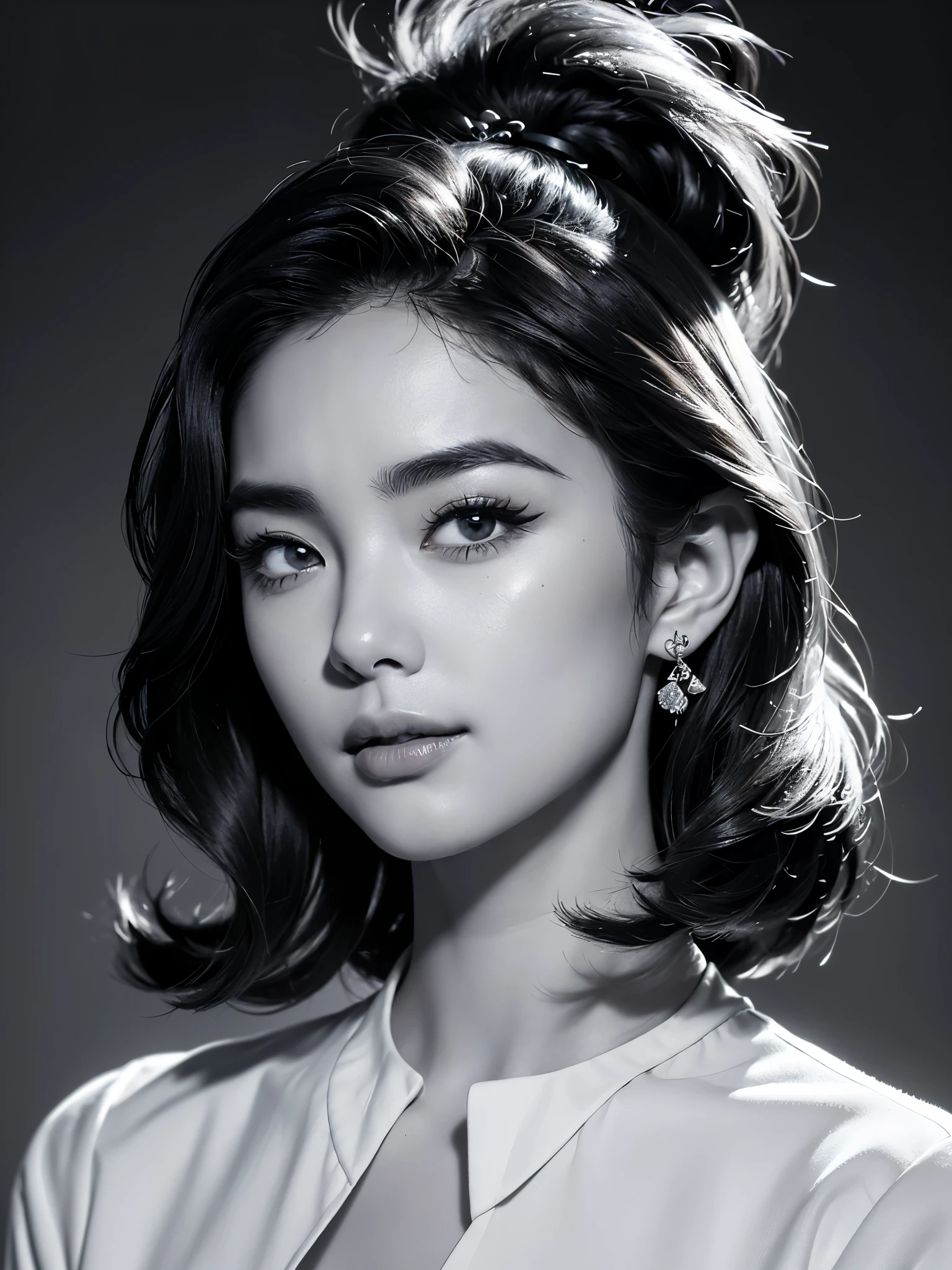 (Wild beauty黑白特写),Black and white pencil drawing of a woman wearing a white shirt, Young wild asian face,,A bit of a mixed race face,, (Laugh with your mouth closed),(The foxy eyes are half-closed:1.2),(Squint the corners of your eyes and turn them up slightly),Thick long lashes, Thick straight eyebrows,The eyebrows are high and angular,(Thick medium to short hair slightly curled),()Slightly square jaw,Wild beauty,Sonorous beauty,A bit like Vivien Leigh, perfect face ,beautiful aesthetic face,Sexy face with complete makeup,, Korean popular makeup, Ruan cute vtuber, jinyoung shin,(black and white pencil drawing), expressive hair, messy hair, wavy hair, very fluffy and full hair on the top of the head, shiny hair, slightly narrowed slender eyes, long inner corners, like fox's eyes, tsurim, long eyelashes, light smile, pursing big mouth movements, torogao, anime style, light and dark contrast, cowboy lens, ultra-high definition, masterpiece, accuracy, textured skin, super details, High detail, high quality, award-winning, best quality, high-level, 16k,