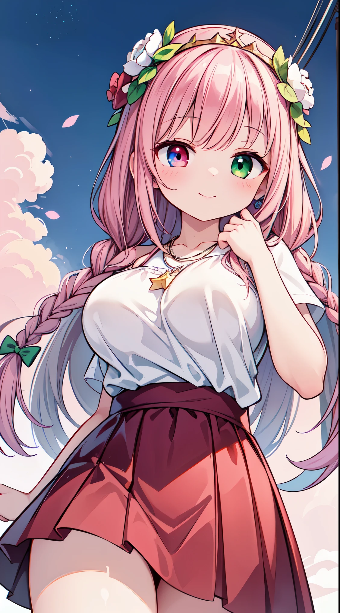 (masterpiece, amazing quality)), (unity 8k wallpaper), (absurdres), (ultra detailed, ultra highres: 1.5), (sharp focus), (insanely detailed), extremely detailed CG, super fine illustration, pastel colors, kawaii, cute colors, more_details:1.5, 1girl, hands up, cotton candy , land of cotton candy,


BREAK,   one beautiful girl, (17 year old girl),alone,(kawaii:1.5),(Chibi:0.6),(cute:1.5),(:1.5),break,(17 year old girl), one beautiful girl,very detailed,Colorful,best details,transparent skin,Shining beautiful skin,shy,very detailed,Colorful,best details,BREAK,transparent skin,Shining beautiful skin,shy skin,break,(heterochromia,blue eyes,green eyes, eye highlights,first ultrafine star:1.45),star eye silhouette ,BREAK,(pink hair, semi-long hair, bow:1.4),(twin braids,slightly curly hair,princess cut, crossed bangs:1.3),(big breasts,beautiful breasts:1.5),(long eyelashes, double eyelid:1.2),alone,glowing skin, transparent skin, Shining beautiful skin,(highest quality face),(highest quality bright eyes),(light smile:1.45),

BREAK, (1girl, solo, looking at viewer, walking:1.2), BREAK The machine that creates infinity cotton candy, fairytale, dream country, pink sky, cute, floating cotton candys atmospheric, 

BREAK ((white camisole), detailed frilled camisole), (red skirt, detailed laced skirt), (tiara, necklace, earrings), (flower crown, flower head, side flower head, flower hair ornament:1.5)


BREAK,wakame,wakame,wakame,(cowboy shot,behind:1.5) ,


BREAK,(Blurry background:1.3),(absurderes, hight resolution, Super Detail Art),cel shading,Clear Color, Lonely optical effect, Beautiful pictures, Bright glow, mystic atmosphere,(Close-up of girl:1.1), Mystical light particle effect,manga influence, clean line drawings, 