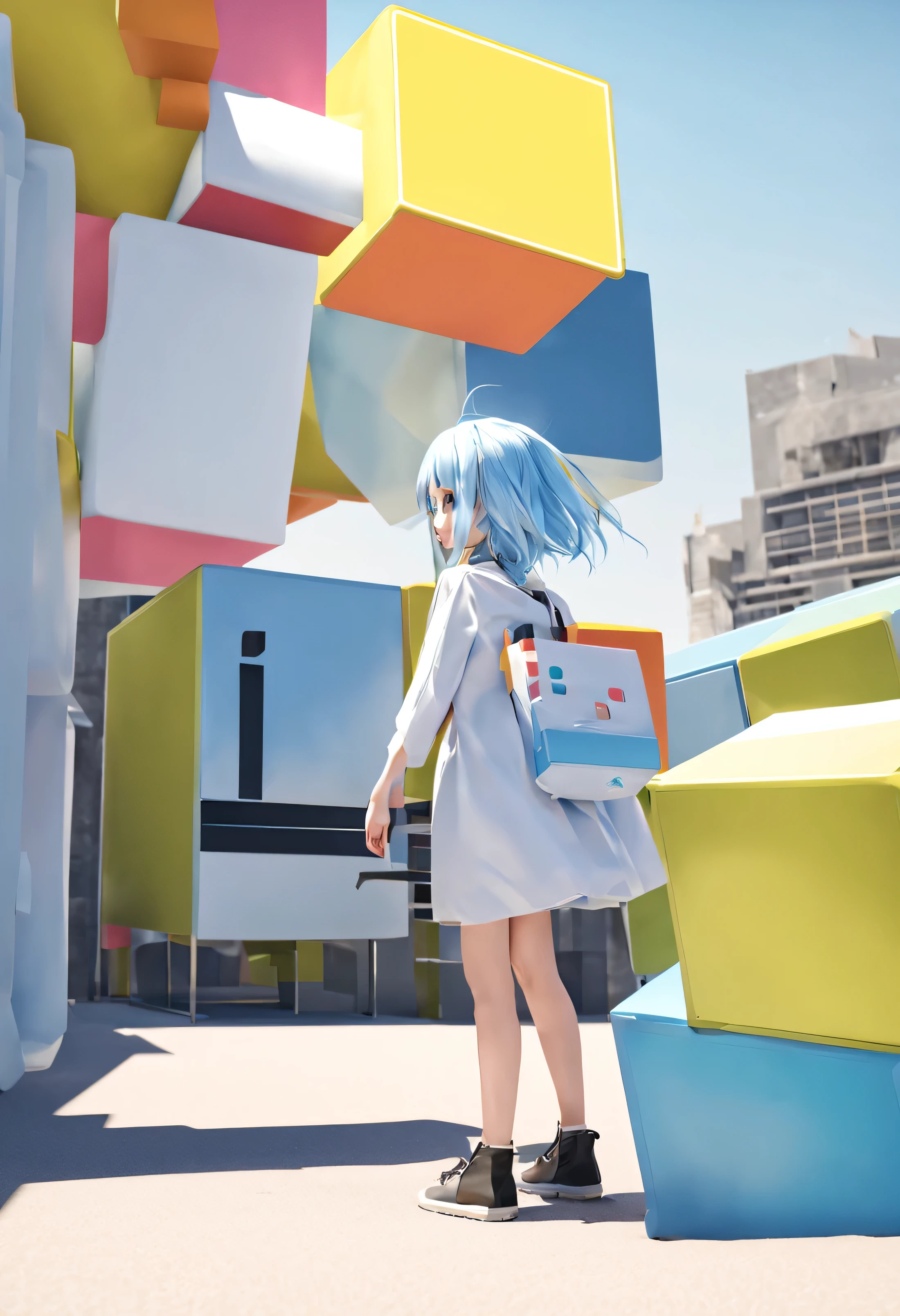Cube-faced girl with light blue hair side view ,Development Square, side view only hair 3d render cubee face box  back ide