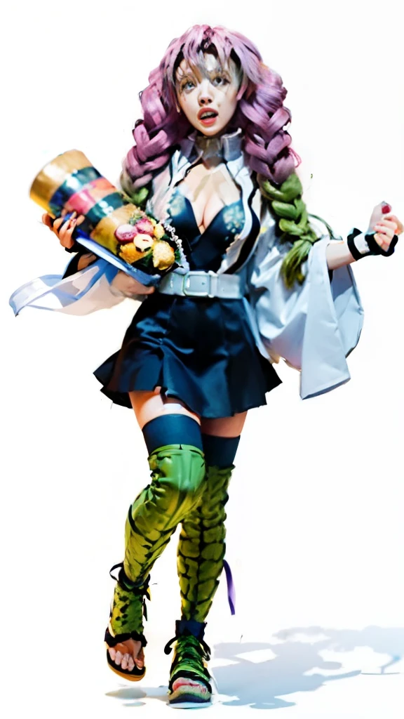 a woman in a purple dress holding a bunch of food, misato katsuragi, illustrious makinami, haruno sakura, yayoi kasuma, gyro zeppeli, akane owari danganronpa, juri misaki, shuushuu anime image, fujita goro!, jjba, jojo anime style, tatsumaki