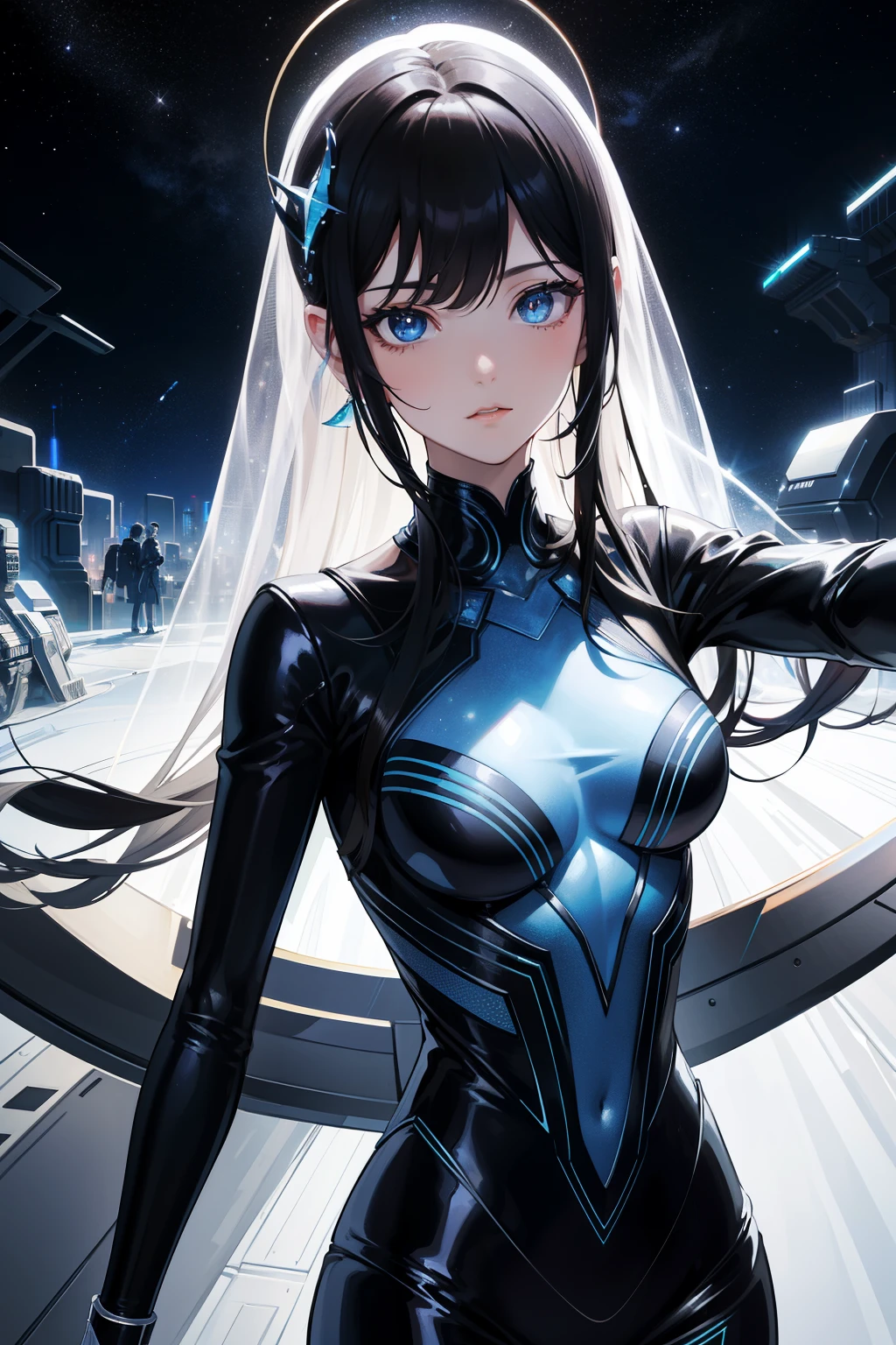 Modern masterpiece, space wedding scene, alien couple in stylish attire, outer space backdrop, ultra-detailed and realistic, shining metallic fabrics, dynamic light and shadow, high resolution, sharp focus, depth of field, expressive and large eyes with pupils that react to the environment, sleek hairstyles, elegant poses, futuristic landscape, twinkling stars, cosmic colors, romantic atmosphere. By [Artist's Name], modern art, space themed wedding concept, clean lines and sharp edges, vibrant and rich colors, beautiful alien designs, intricate details, dreamlike quality.