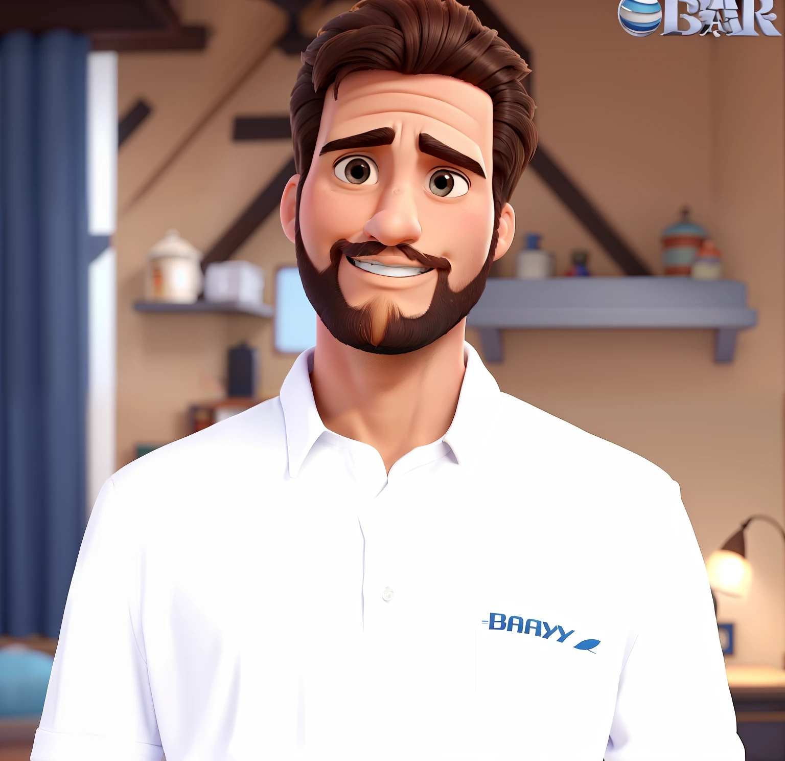 Poster no estilo Disney pixar, alta qualidade, melhor qualidade, homem jovem, branco, 20 anos, cabelos pretos, barba por fazer, usando uma camisa branca