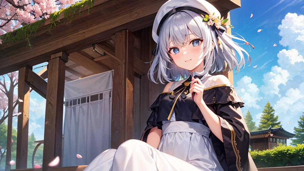 super high quality, with a girl, 20-year-old, very short hair, long bangs between the eyes, gray eyes , blue sky, sunlight, very detailed,(masterpiece、highest quality)、alone、gray hair、laughter、fantasy, silver hair, black eye, beautiful eyes,, ecstasy, charm, be smitten with audience, fantasyな風景、Princess、white clothes、hat、Cherry blossoms fall