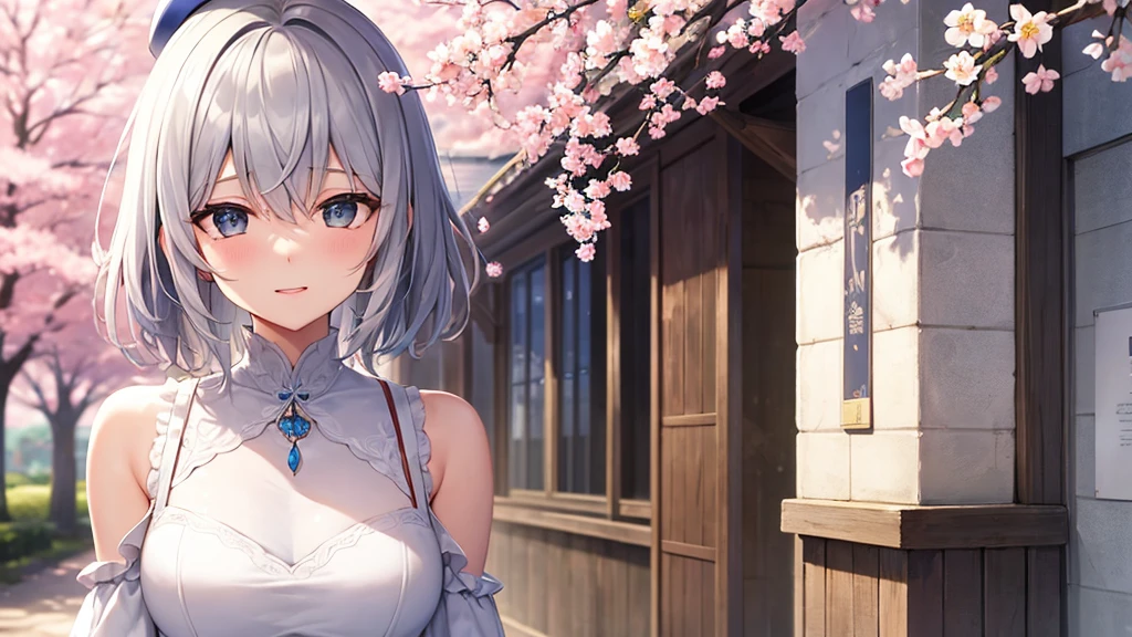 super high quality, with a girl, 20-year-old, very short hair, long bangs between the eyes, gray eyes , blue sky, sunlight, very detailed,(masterpiece、highest quality)、alone、gray hair、laughter、fantasy, silver hair, black eye, beautiful eyes,, ecstasy, charm, be smitten with audience, fantasyな風景、Princess、white clothes、hat、Cherry blossoms fall