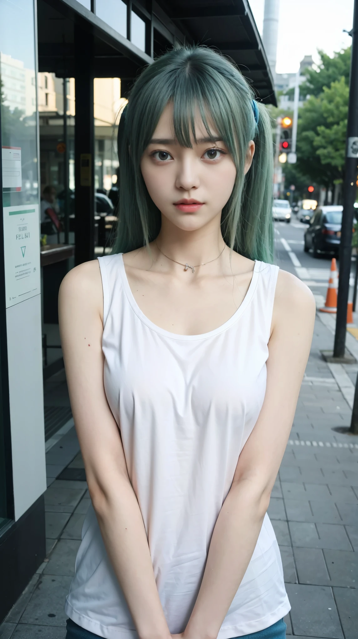 17 years old, Hatsune Miku, city, green hair, green eyes, vocaloid, girl in need, collar, white shirt, t-shirt, blue short, sleeveless, looking at viewer, standing