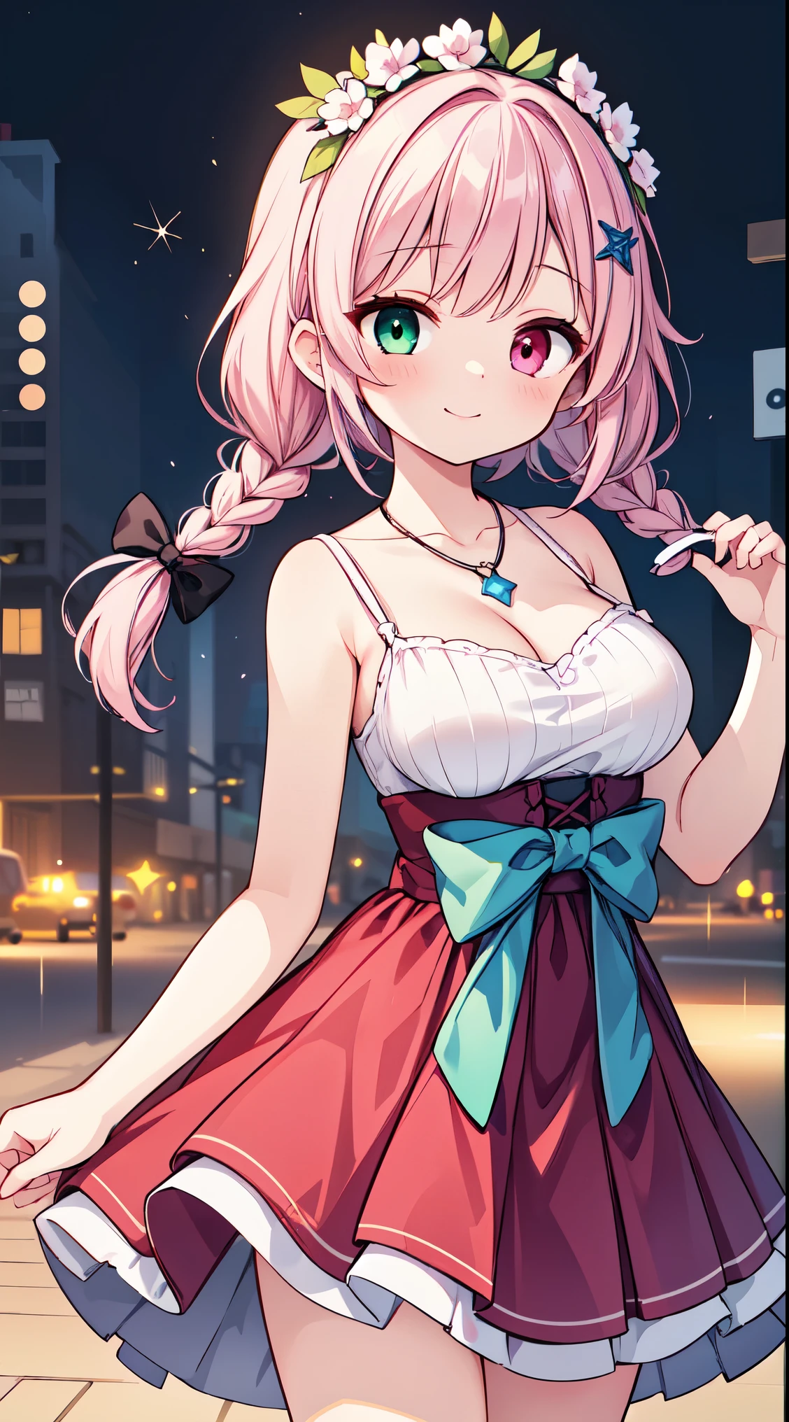 (masterpiece, amazing quality)), (unity 8k wallpaper), (absurdres), (ultra detailed, ultra highres: 1.5), (sharp focus), (insanely detailed), extremely detailed CG, super fine illustration, pastel colors, kawaii, cute colors, more_details:1.5, 1girl, hands up, cotton candy , land of cotton candy,


BREAK,   one beautiful girl, (17 year old girl),alone,(kawaii:1.5),(Chibi:0.6),(cute:1.5),(:1.5),break,(17 year old girl), one beautiful girl,very detailed,Colorful,best details,transparent skin,Shining beautiful skin,shy,very detailed,Colorful,best details,BREAK,transparent skin,Shining beautiful skin,shy skin,break,(heterochromia,blue eyes,green eyes, eye highlights,first ultrafine star:1.45),star eye silhouette ,BREAK,(pink hair, semi-long hair, bow:1.4),(twin braids,slightly curly hair,princess cut, crossed bangs:1.3),(big breasts,beautiful breasts:1.5),(long eyelashes, double eyelid:1.2),alone,glowing skin, transparent skin, Shining beautiful skin,(highest quality face),(highest quality bright eyes),(light smile:1.45),

BREAK, (1girl, solo, looking at viewer, walking:1.2), BREAK The machine that creates infinity cotton candy, fairytale, dream country, pink sky, cute, floating cotton candys atmospheric, 

BREAK ((white camisole), detailed frilled camisole), (red skirt, detailed laced skirt), (tiara, necklace, earrings), (flower crown, flower head, side flower head, flower hair ornament:1.5)


BREAK,wakame,wakame,wakame,(cowboy shot,behind:1.5) ,


BREAK,(Blurry background:1.3),(absurderes, hight resolution, Super Detail Art),cel shading,Clear Color, Lonely optical effect, Beautiful pictures, Bright glow, mystic atmosphere,(Close-up of girl:1.1), Mystical light particle effect,manga influence, clean line drawings, 