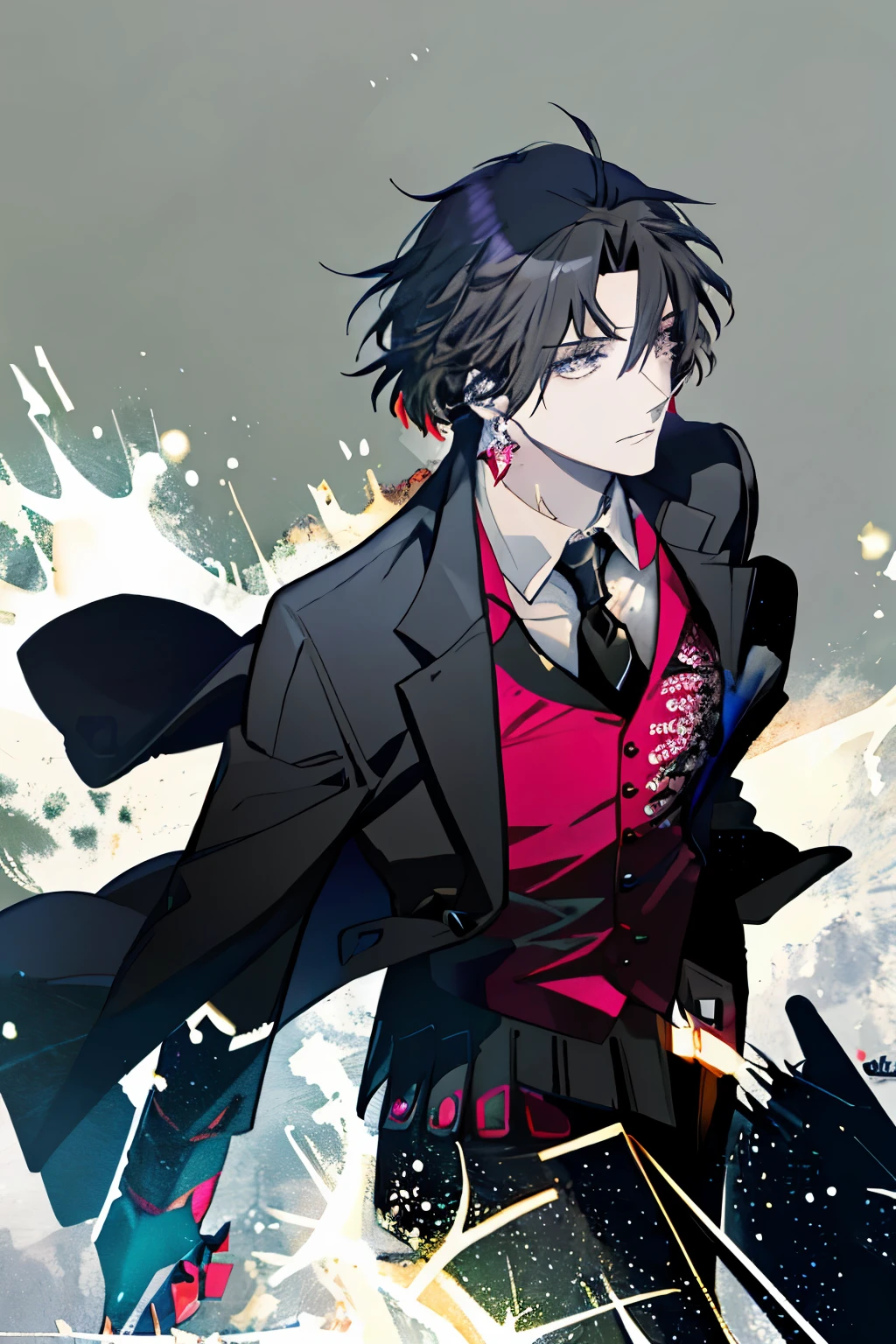 super detailed、top quality、muste piece、black suit、black jacket、short black hair、cool look、red earrings、black tie、white shirt、white dress shirt、short black hair、tan eyes、brown eyes、red vest、neutral face、1 male、30 generation men、dark background、narrowed eyes、Ruins covered in ivy、Mossy ruins、Ruins covered in greenery、Stunted plants、Melancholy face、