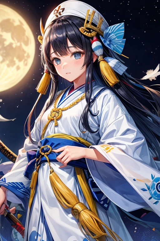 queen of the ainu、cute、Ainu pattern clothes、white and blue clothes、Ainu pattern、has a spear、Ainu art、Clean your eyes、Fingers correctly、night view、bird falcon、eyes are long、Don'Avoid redness around the eyes。