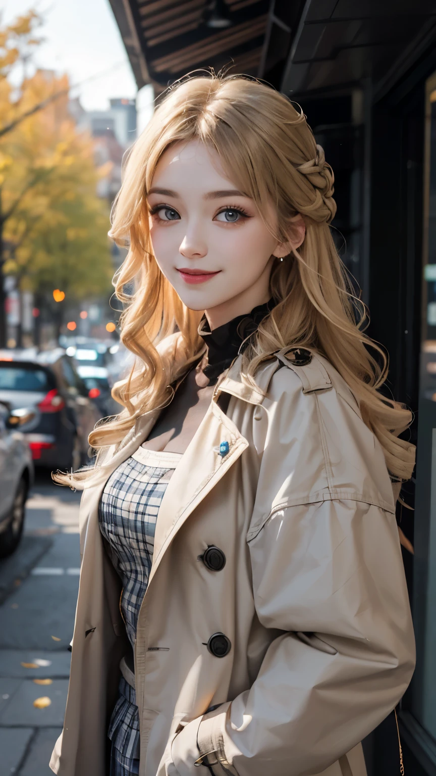 high quality，best quality，masterpiece，Extremely fine, beautiful and detailed，Professional photography，proper lighting，extremely beautyful girl，truly beautiful face，Beige trench coat，Carmine plaid skirt，Autumn Fashion，blue eyes，smiley face，Smile，Blushing cheeks，（Slender，Pale skin，：0.9）（blond，curls，Very long, long hair，There are braids，：1.1）（Upper body，Bokeh，side，dynamic angle，City，street，Sunlight，maple，：0.9）