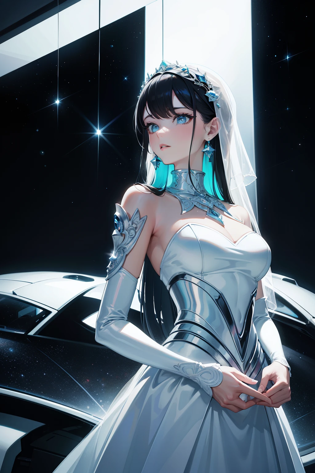 Modern masterpiece, space wedding scene, alien couple in stylish attire, outer space backdrop, ultra-detailed and realistic, shining metallic fabrics, dynamic light and shadow, high resolution, sharp focus, depth of field, expressive and large eyes with pupils that react to the environment, sleek hairstyles, elegant poses, futuristic landscape, twinkling stars, cosmic colors, romantic atmosphere. By [Artist's Name], modern art, space themed wedding concept, clean lines and sharp edges, vibrant and rich colors, beautiful alien designs, intricate details, dreamlike quality.