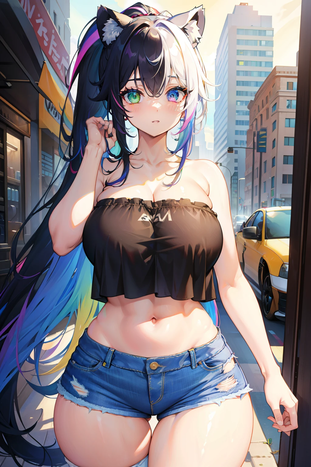 (masterpiece), best quality, expressive eyes, perfect face, ultra detailed, rainbow hair, eye heterochromia, super skinny, gigantic milky , thicc thighs, wide hips, raccoon ears, very sexy tight bandeau top, no underwear, torn up short jeans, long curly high ponytail,