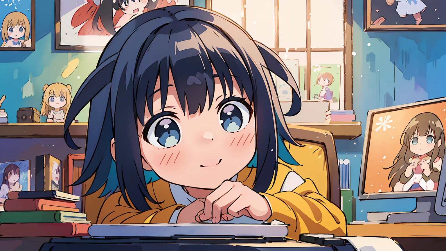 1 girl, Konoha Akisato, playing games, playing bishojo games, beautiful detailed eyes, colorful hair, cute smile, wearing a school uniform, sitting on a comfortable chair, surrounded by posters of anime characters, holding a game controller tightly, with a computer screen showing the game scene, the room is filled with warm sunlight, giving a cozy and inviting atmosphere, vibrant colors, the background decorated with shelves filled with manga books and figurines, creating a playful and lively environment, the air is filled with joy and excitement, capturing the essence of the girl's passion for games and anime. (best quality, 4k, highres, realistic, portraits, vivid colors, warm tones, natural lighting)