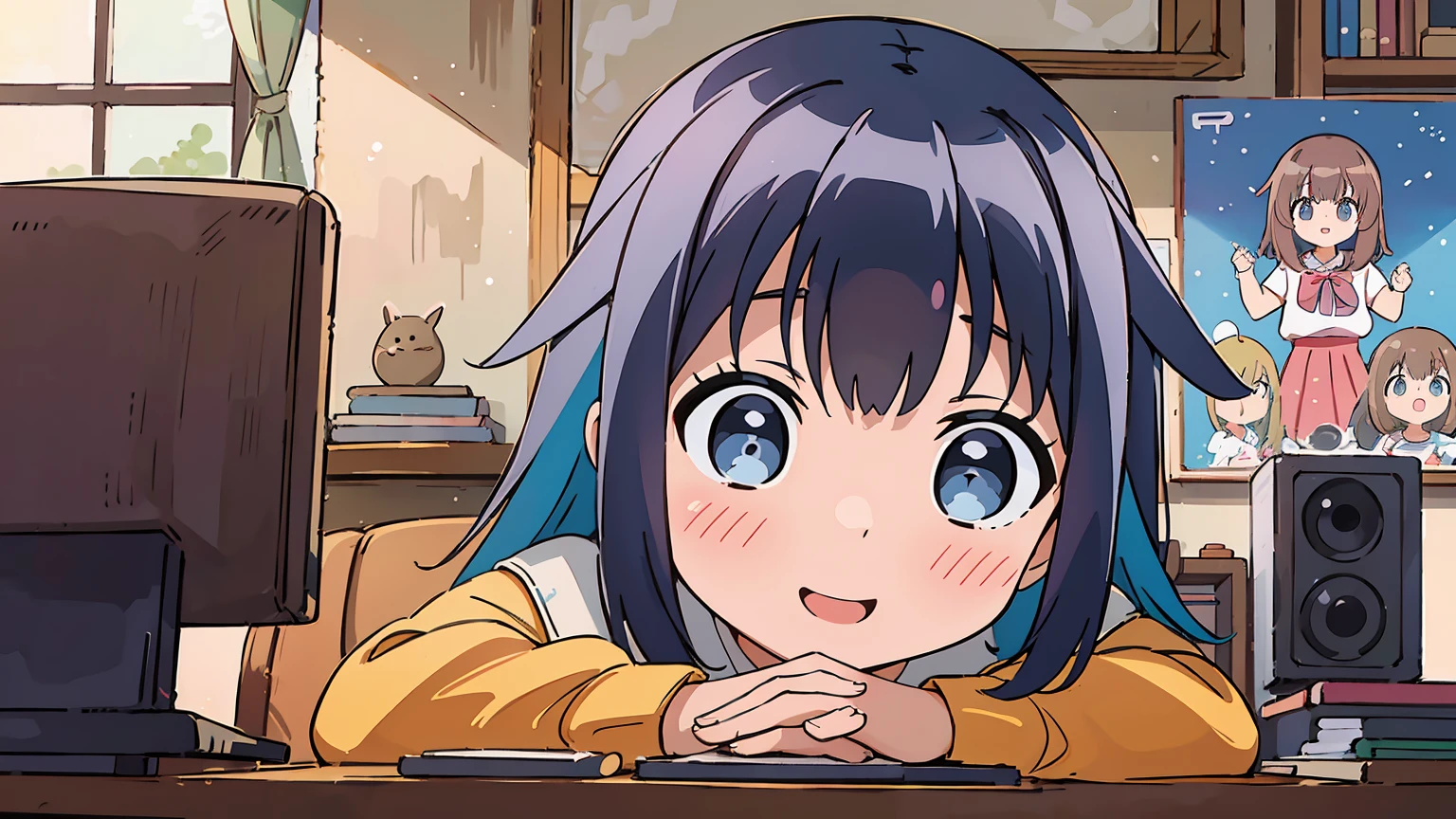 1 girl, Konoha Akisato, playing games, playing bishojo games, beautiful detailed eyes, colorful hair, cute smile, wearing a school uniform, sitting on a comfortable chair, surrounded by posters of anime characters, holding a game controller tightly, with a computer screen showing the game scene, the room is filled with warm sunlight, giving a cozy and inviting atmosphere, vibrant colors, the background decorated with shelves filled with manga books and figurines, creating a playful and lively environment, the air is filled with joy and excitement, capturing the essence of the girl's passion for games and anime. (best quality, 4k, highres, realistic, portraits, vivid colors, warm tones, natural lighting)