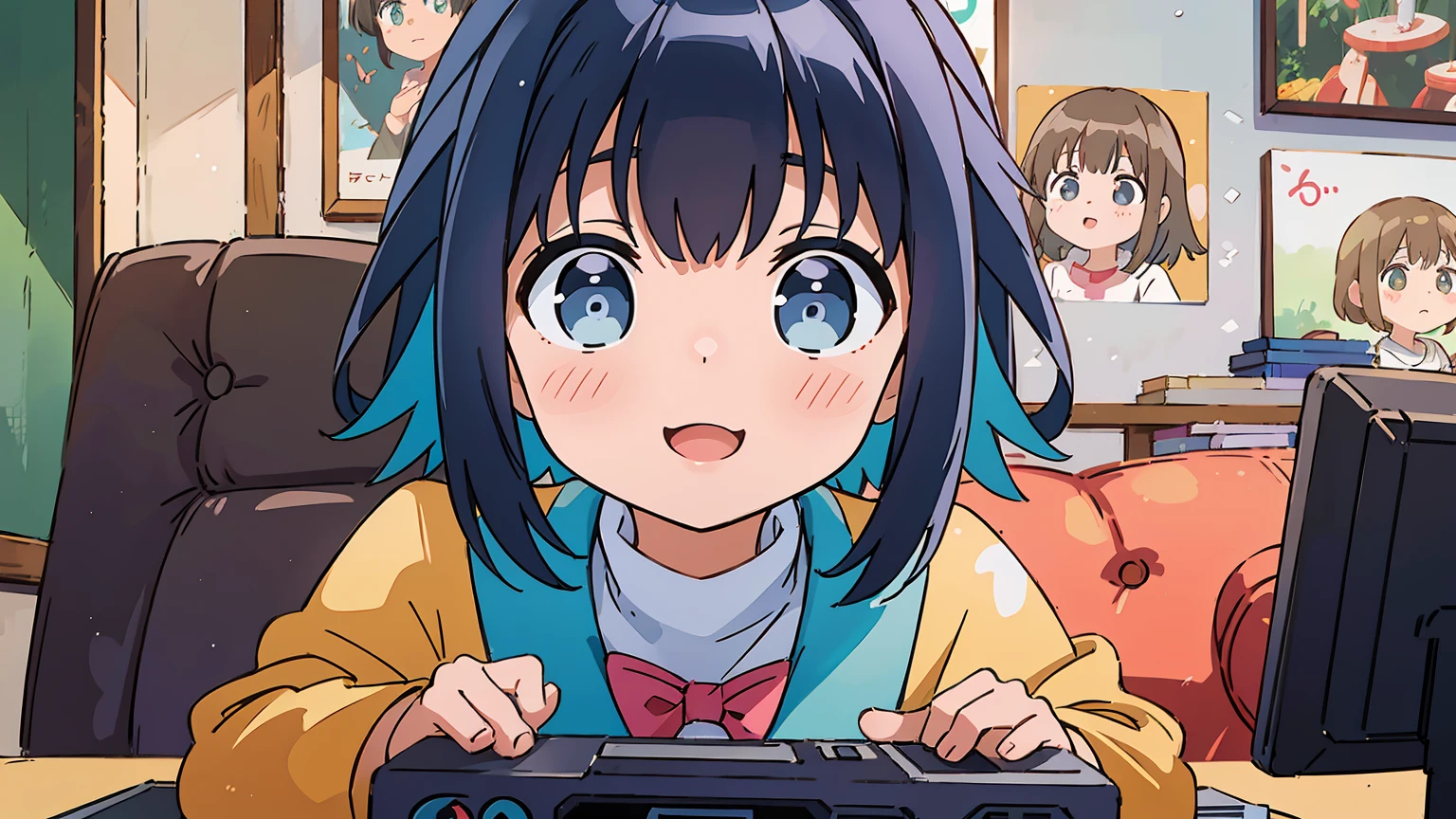 1 girl, Konoha Akisato, playing games, playing bishojo games, beautiful detailed eyes, colorful hair, cute smile, wearing a school uniform, sitting on a comfortable chair, surrounded by posters of anime characters, holding a game controller tightly, with a computer screen showing the game scene, the room is filled with warm sunlight, giving a cozy and inviting atmosphere, vibrant colors, the background decorated with shelves filled with manga books and figurines, creating a playful and lively environment, the air is filled with joy and excitement, capturing the essence of the girl's passion for games and anime. (best quality, 4k, highres, realistic, portraits, vivid colors, warm tones, natural lighting)