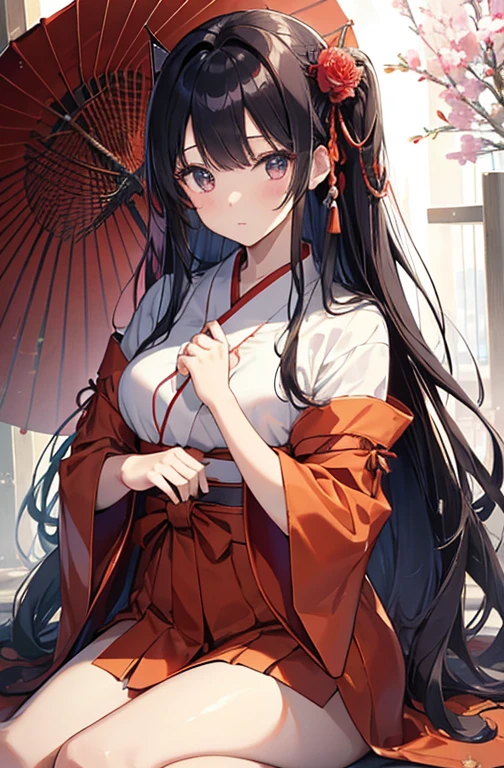 ((highest quality))、((8K))、((High resolution))、((masterpiece))、((Super detailed))、one girl、((Looking at the camera from the front))、((photo from the knees up))、((standing))、Black hair as glossy as lacquer、Transparent eyes that sparkle like a rainbow、((Bangs like Yamato Nadeshiko))、(Brightly colored flower hairpins)、Expressionless、beautiful breasts with good shape、(Beautiful and bright shrine maiden clothes)、red long hakama、band、No sleeve、wide sleeve、white shirt