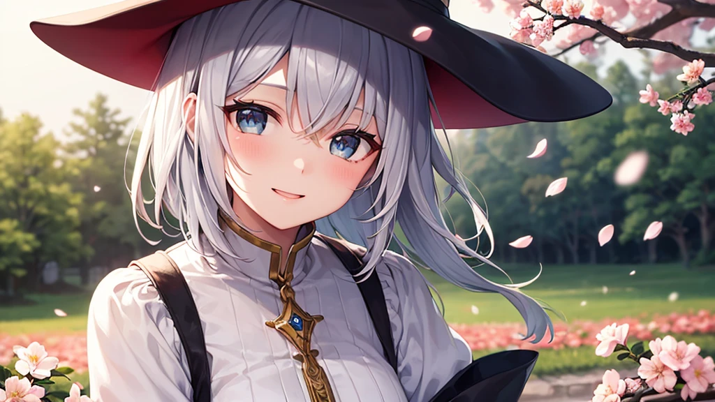 super high quality, with a girl, 20-year-old, very short hair, long bangs between the eyes, gray eyes , blue sky, sunlight, very detailed,(masterpiece、highest quality)、alone、gray hair、laughter、fantasy, silver hair, black eye, beautiful eyes,, ecstasy, charm, be smitten with audience, fantasyな風景、Princess、white clothes、hat、Cherry blossoms fall