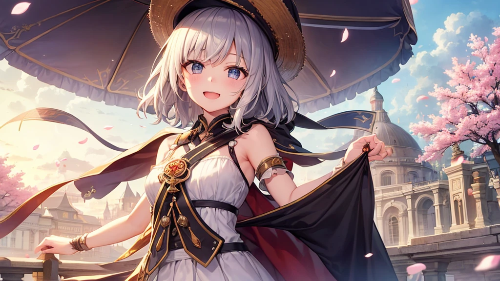 super high quality, with a girl, 20-year-old, very short hair, long bangs between the eyes, gray eyes , blue sky, sunlight, very detailed,(masterpiece、highest quality)、alone、gray hair、laughter、fantasy, silver hair, black eye, beautiful eyes,, ecstasy, charm, be smitten with audience, fantasyな風景、Princess、white clothes、hat、Cherry blossoms fall