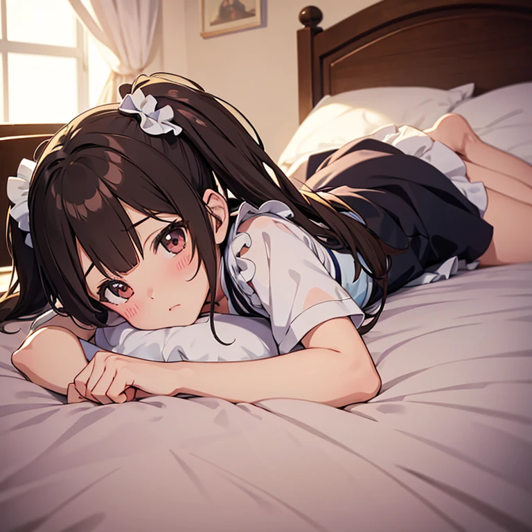 girl, anime, master piece, best quality, vivid colors, ultra-detailed, bedroom, lie on bed, maid, brown pigtails, blush stickers
