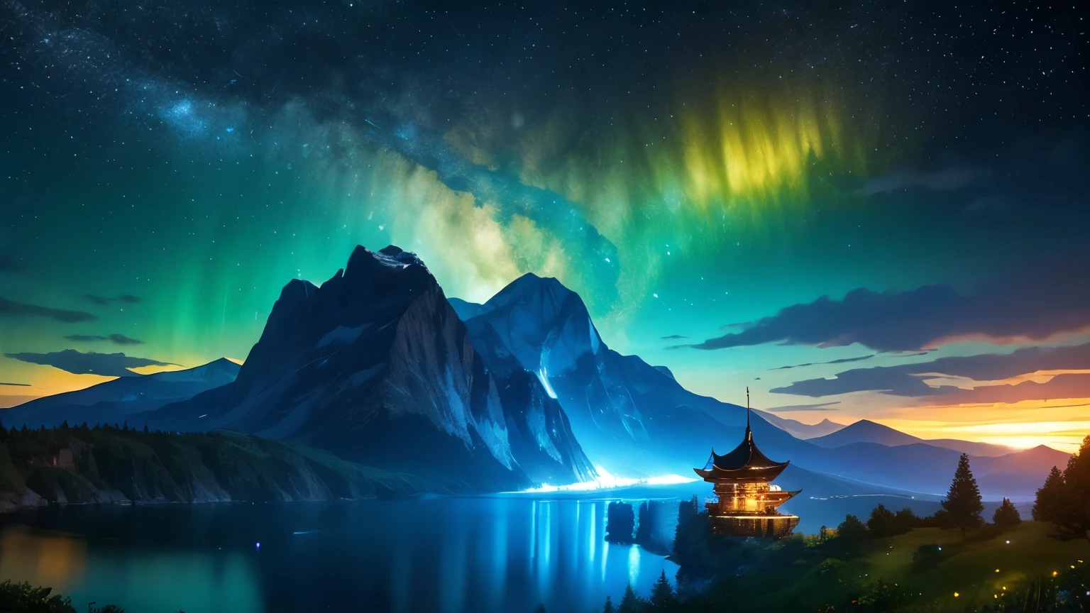scenography，fantastical scenes，Stars shine，32-bit pixels