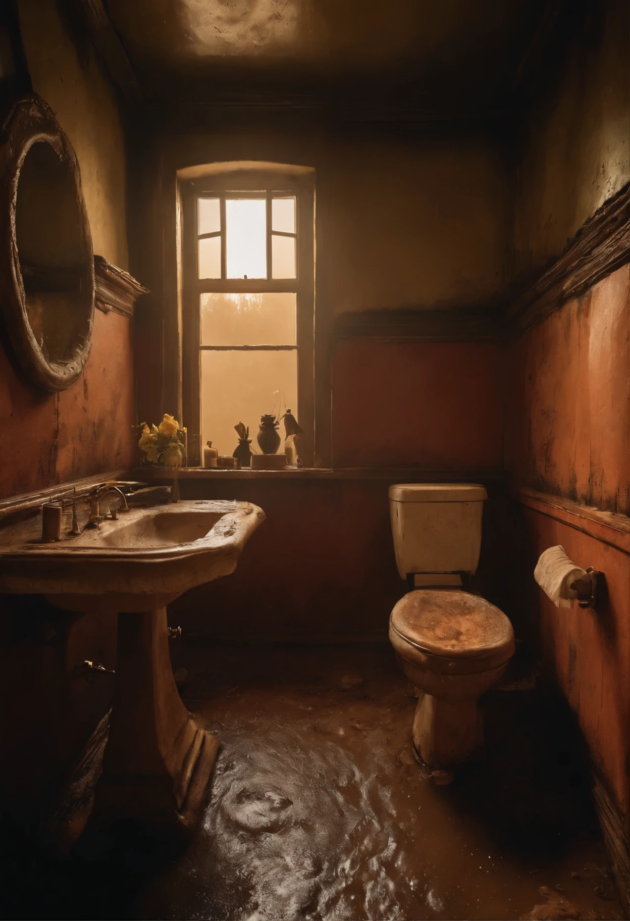 A disgusting bathroom, filled with mud, high detail, 8k