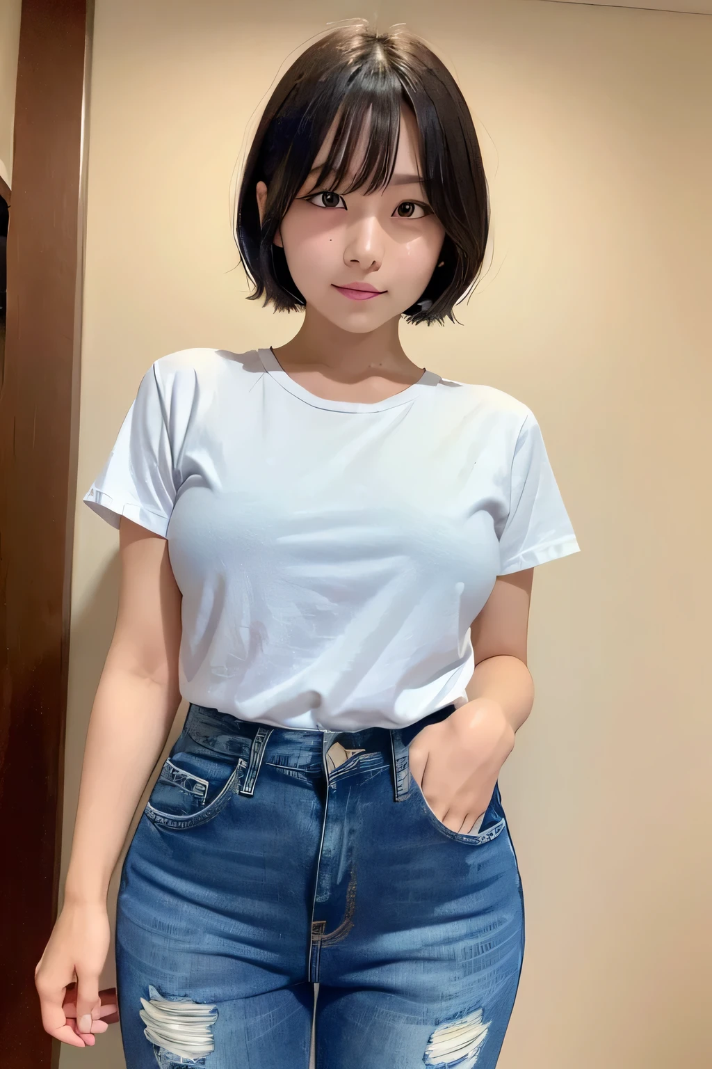 (narrow eyes:1.4), frontal shot , From the middle , (black eye), (japanese woman), 1 girl, (small eyes:1.3), very beautiful 17 year old girl, beautiful breasts:1.5, (highly detailed eyes:1.2), (beautiful breasts:1.1), short hair, bangs, (thick legs, huge hips, thick thighs), perfect skin, Fair skin, tight waist, light blush, alone, looking at the viewer, light smile, (White Round Neck T-Shirt), ( Blue Short Jeans:1.5)