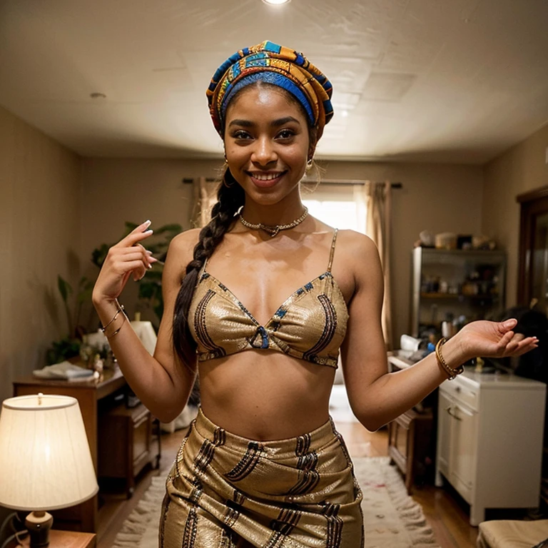Aisha has a radiant and warm presence. She has rich, deep brown eyes that exude kindness and understanding. Her skin is a beautiful deep hue with a natural glow, reflective of her strong connection to nature. Aisha's hair, often adorned with colorful head wraps or styled in traditional African braids, frames her face with elegance and grace. Her smile is captivating, lighting up the room with genuine warmth and joy. Aisha's attire is a reflection of her heritage; she often wears vibrant, culturally inspired clothing that showcases her pride in her African roots. Full body