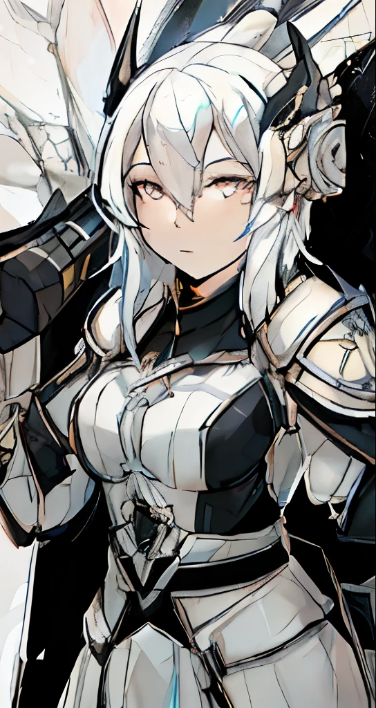 anime character with white hair and armor holding a sword, armor girl, pale black armor, gorgeous female paladin, highly detailed exquisite fanart, white haired deity, white armor, glossy white armor, of a beautiful female knight, mechanized valkyrie girl, from arknights, portrait knight female, portrait knights of zodiac girl, official character art, portrait of female paladin