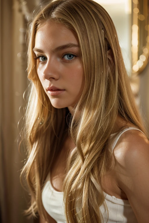 full body shot. a ultra real 18 years old woman, green eyes. long blond hair.  At the background a ultra close up macro details, ultra contrast, of ultra decor. The most beautiful girl.