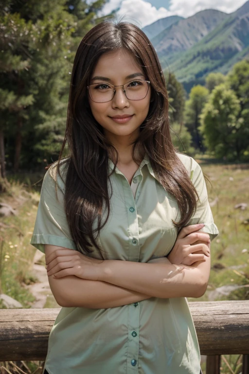 retty cute Asian woman, brunette, green eyes, mid-length hair, small glasses, clear amber shirt, mountainous background, in front of camera, smilling, crossed arms