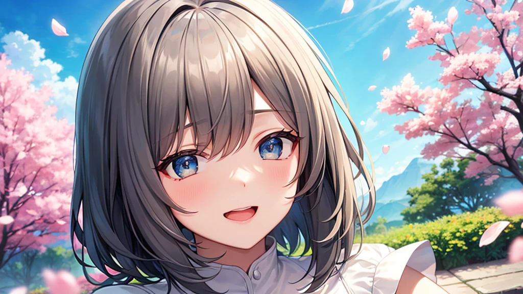 super high quality, with a girl, 20-year-old, very short hair, long bangs between the eyes, gray eyes , blue sky, sunlight, very detailed,(masterpiece、highest quality)、alone、gray hair、laughter、fantasy, silver hair, black eye, beautiful eyes,, ecstasy, charm, be smitten with audience, fantasyな風景、Princess、white clothes、Cherry blossoms fall