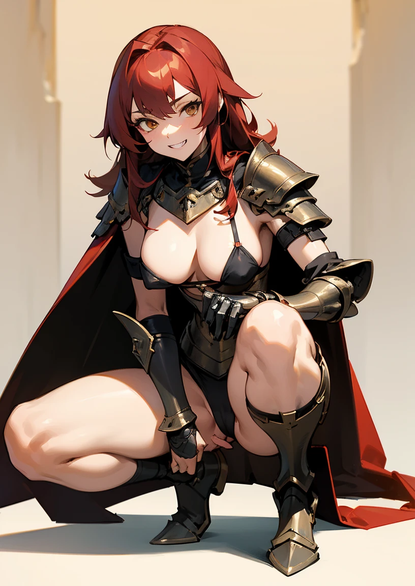 Masterpiece, best quality, full hd 8k, highly detailed, picture perfect, solo, 1 woman, mature, medium breasts, golden eyes, long red hair, mischievous look, mischievous smile, sharp teeth, knight, squatting, legs apart , full body, revealing clothing, micro bikini armor, nude armor, plush cape, excessive female pubic hair, hairy pussi, oppen pusy, pussy pressentig, female masturbation, fingering pussy, shoulder armor, shoulder pads, armor heel boots, sabaton, greave, poleyn, tasset, lame, bracers, gauntlet, couter, rerebrace, dor background, nfsw