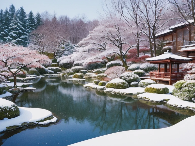 Beautiful Japanese garden,in winter scenery,watercolor painting.