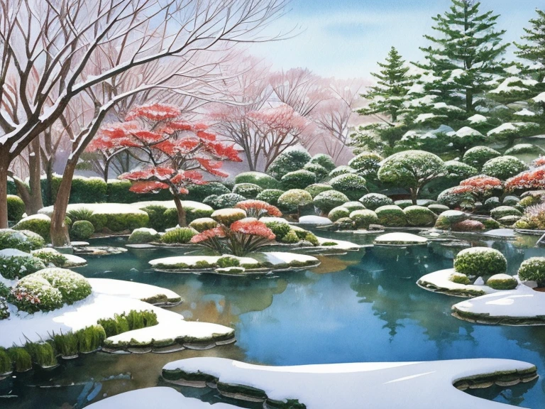 Beautiful Japanese garden,in winter scenery,watercolor painting.