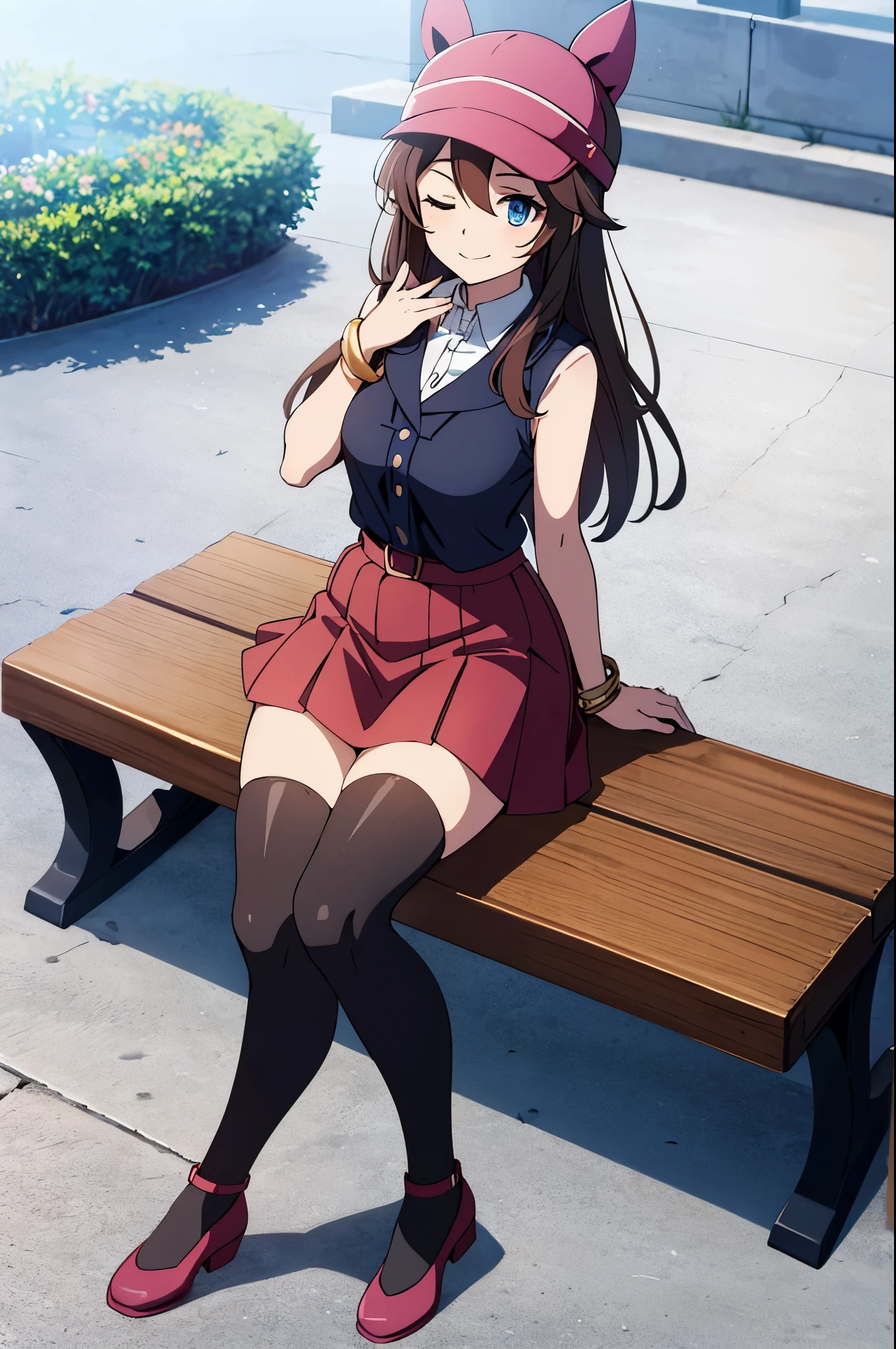 masterpiece, best quality, highres, blue eyes, serena \(pokemon\), 1girl, solo, thighhighs, brown long hair, hat, jewelry, bracelet, black thighhighs, collared shirt, pleated skirt, red skirt, sleeveless, high-waist skirt, sleeveless shirt, eyelashes, pink headwear, black shirt, eyewear on headwear, full body photo, field, smile, close eyes, sitting on bench.